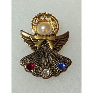 VTG Ten Thousand Angels York NE Patriotic Rhinestone Pearl Angel Brooch Pin
